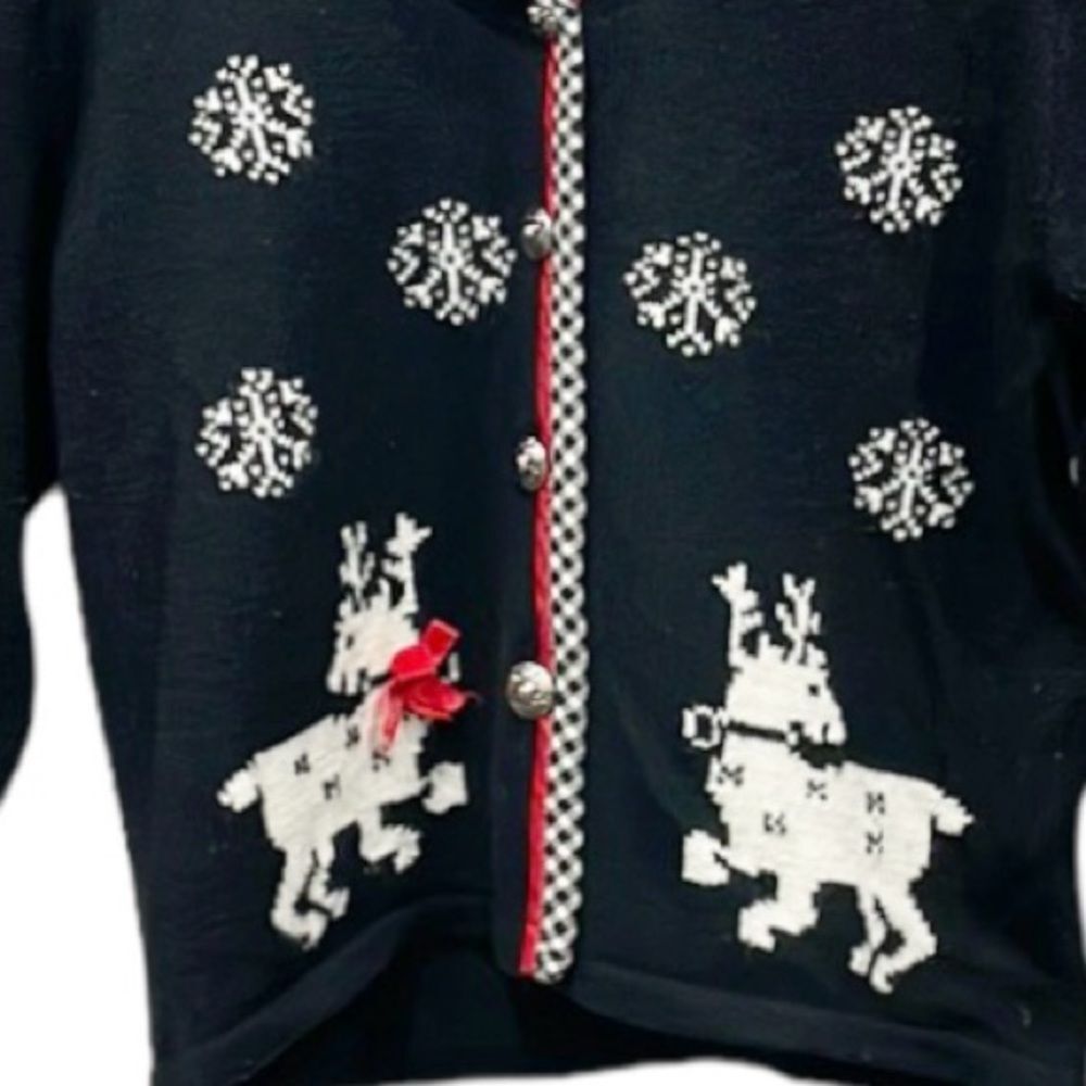 Susan Bristol Reindeer Cardigan Sweater Long Sleeves Sz Small Holiday Christmas - Picture 4 of 10